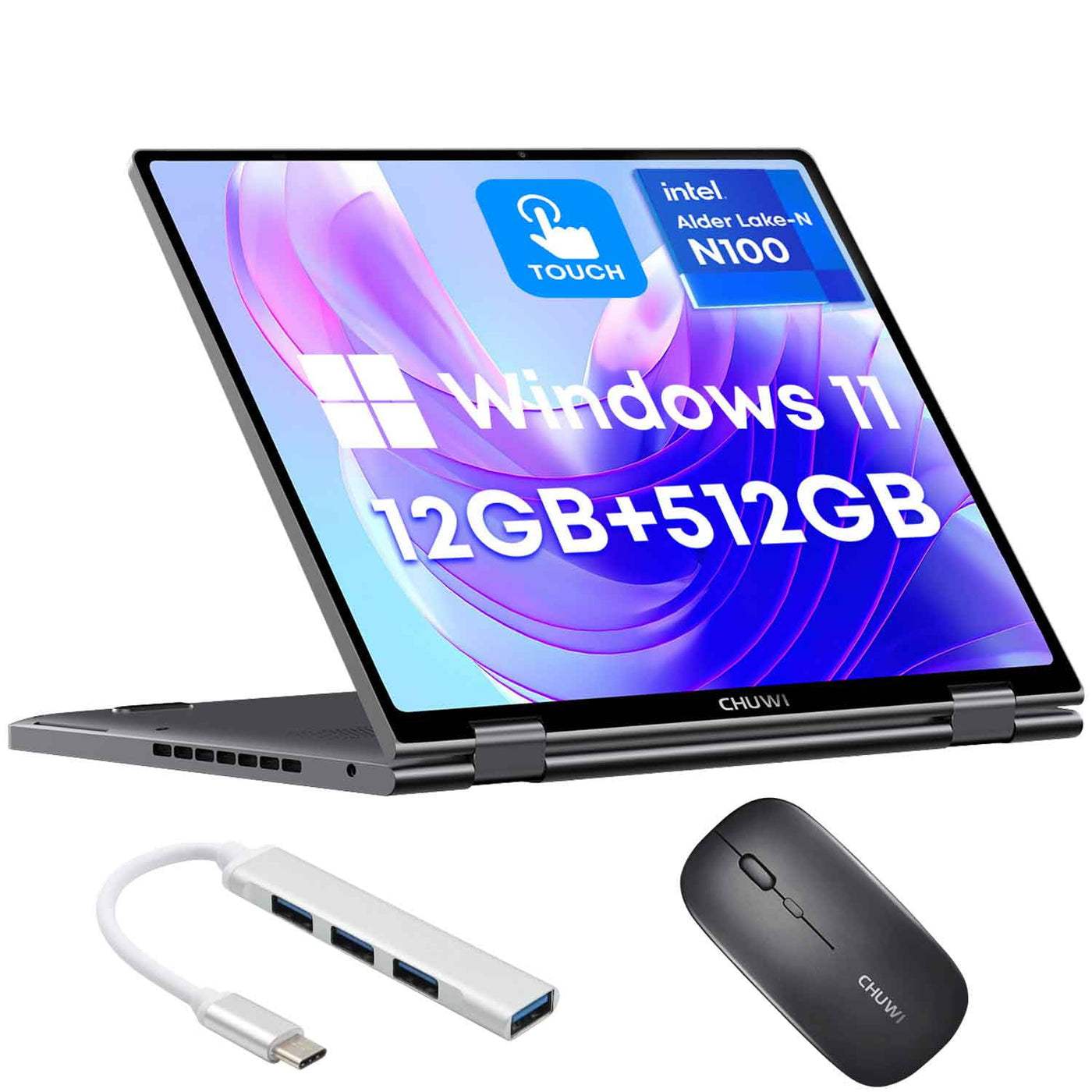 MiniBook X 10.51" 360¡ã Touchscreen Laptop 512GB SSD 12GB RAM,12th Gen Intel Alder Lake N100(Up to 3.4GHz),Windows 11,2 in 1 Tablet Notebook Computer,1TB SSD Expand+Mouse+HUB